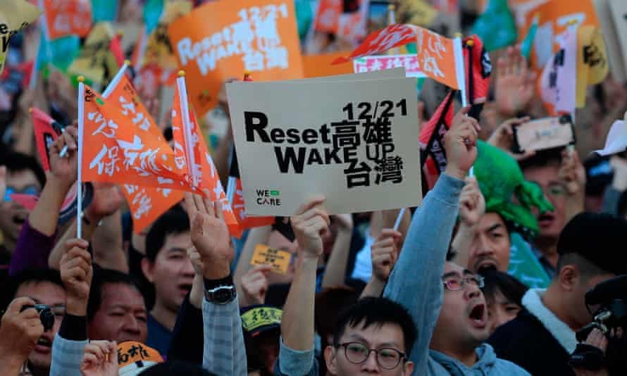 Protesters against Taiwan’s KMT presidential candidate Han Kuo-yu during a protest in Kaohsiung