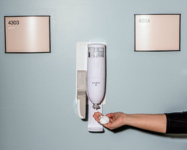 A demonstration of hand sanitizer at a readiness training session for the coronavirus at a hospital in California last week.